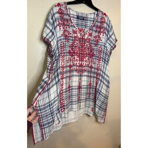Johnny Was Workshop Misha Drape Plaid Embroidered Tunic Top Blue Red XL - Picture 4 of 9